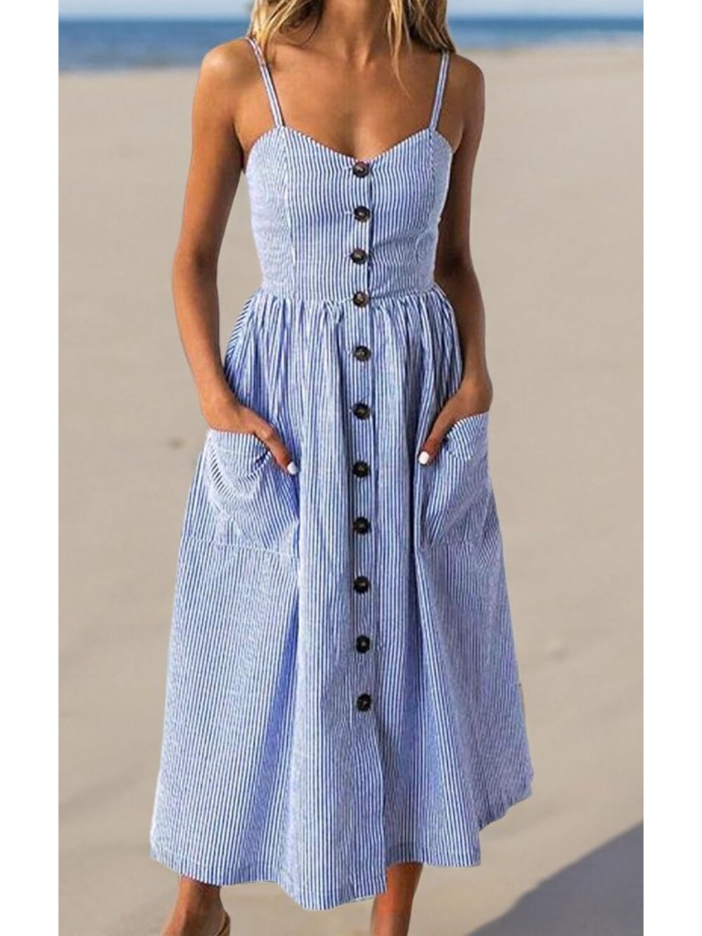 Women's Dresses-Summer Floral Bohemian Spaghetti Strap Button Down Swing Midi Dr - Picture 7 of 7